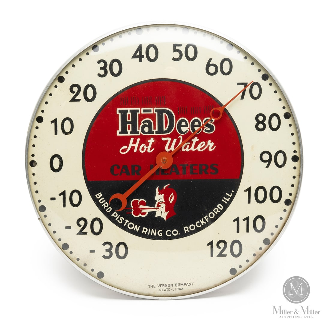 Burd Piston Ring Co. HaDees Car Heaters Thermometer: American. 1960s. Lithographed tin dial thermometer. Original glass crystal. Aluminum frame. Dial marked, "The Vernon Company Newton, Iowa", lower edge. All items are guaranteed authentic by Miller &
