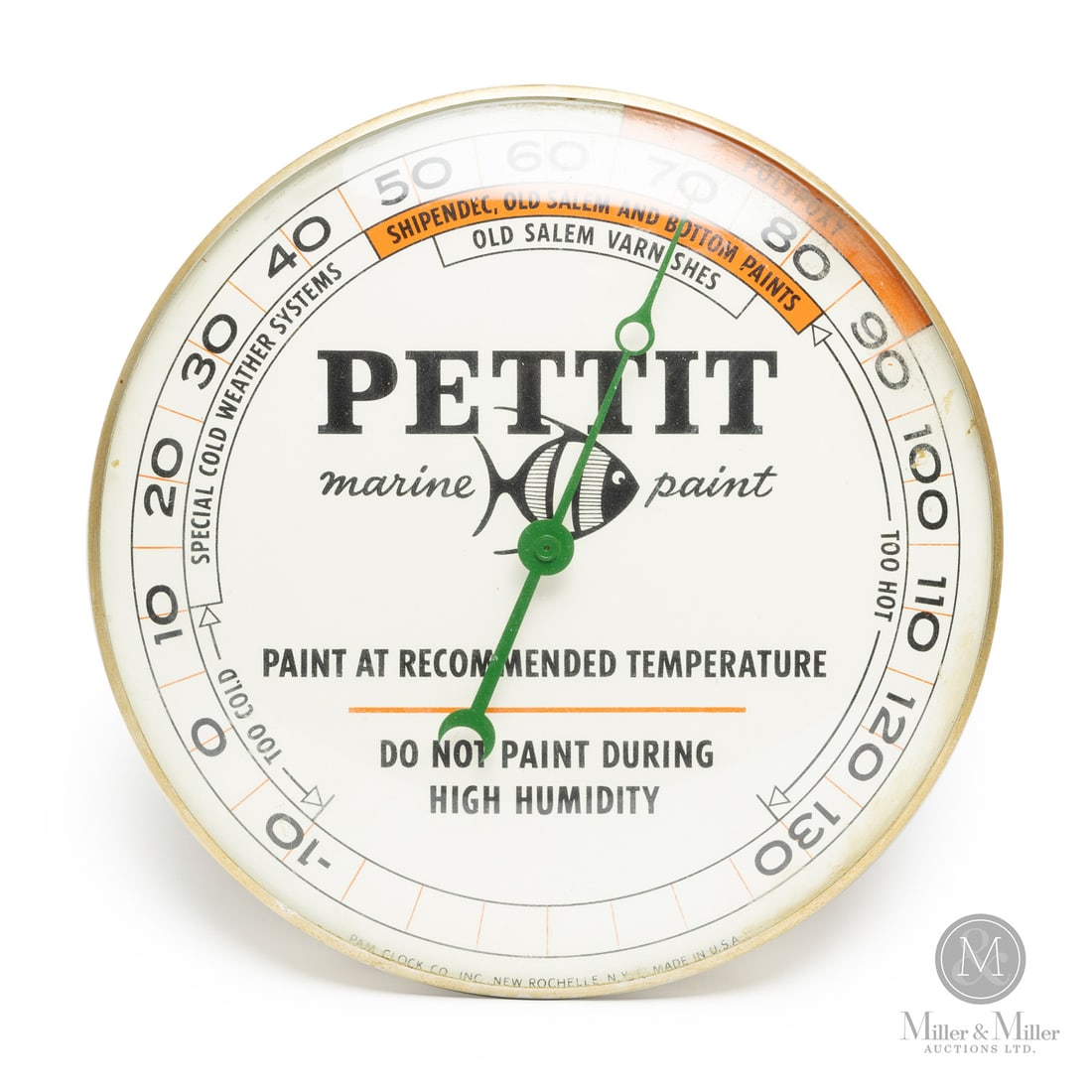 Pettit Marine Paint Thermometer: American. 1960s. Lithographed tin dial thermometer. Original glass crystal. Aluminum frame. Dial marked, "Pam clock co inc. New Rochelle Made in USA", lower edge. All items are guaranteed authentic by