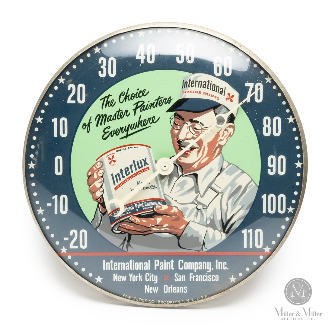 International Paint Co. Interlux Paints Thermometer: American. 1960s. Lithographed tin dial thermometer. Original glass crystal. Aluminum frame. Dial marked, "Pam clock co. Brooklyn 1 NY USA", lower edge. All items are guaranteed authentic by Miller &