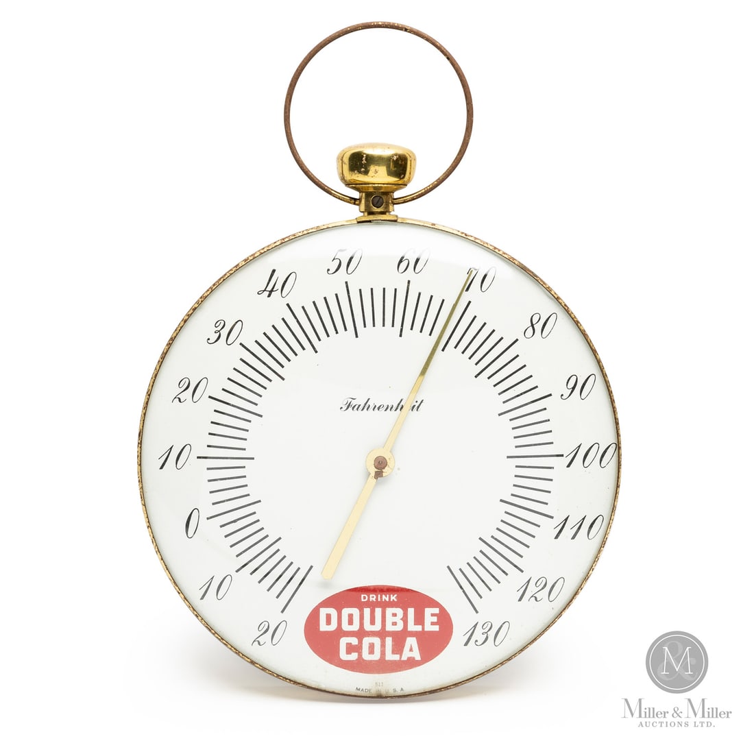 Double Cola Soda "Pocket Watch" Thermometer: American. 1960s. Reverse painted glass. Metal body. Dial marked, "511 Made in USA", lower edge. All items are guaranteed authentic by Miller & Miller Auctions.Size17" x 12" x 2".ConditionGood