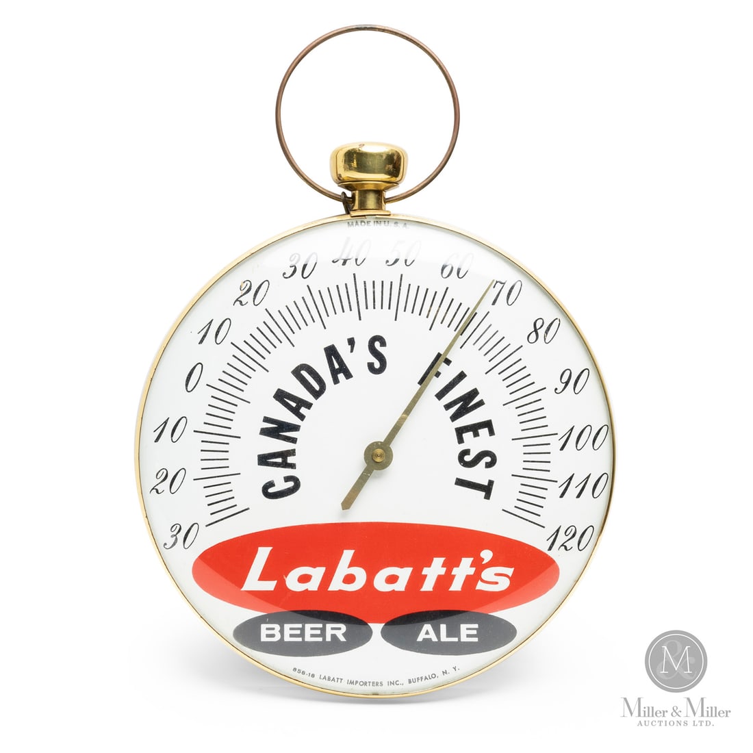 Labatt's Ale "Pocket Watch" Thermometer: American. 1960s. Reverse painted glass. Metal body. Dial marked, "858-18 Labatts Importers Inc., Buffalo NY", lower edge. All items are guaranteed authentic by Miller & Miller Auctions.Size17" x 12"