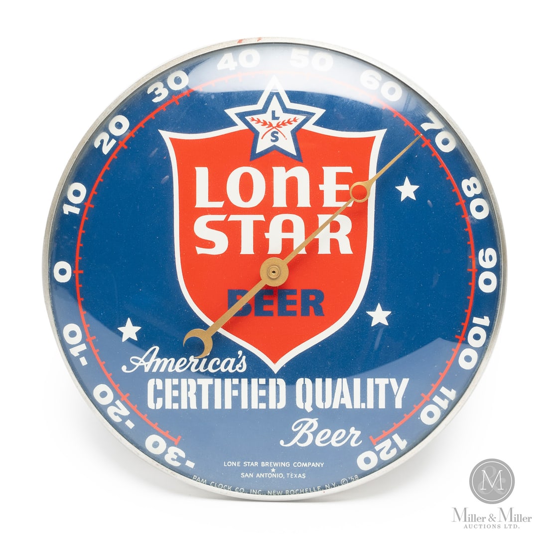 Lone Star Beer Thermometer: American. 1958. Lithographed tin dial thermometer. Original glass crystal. Aluminum frame. Dial marked, "Pam clock co inc. New Rochelle NY ©58", lower edge. All items are guaranteed authentic by