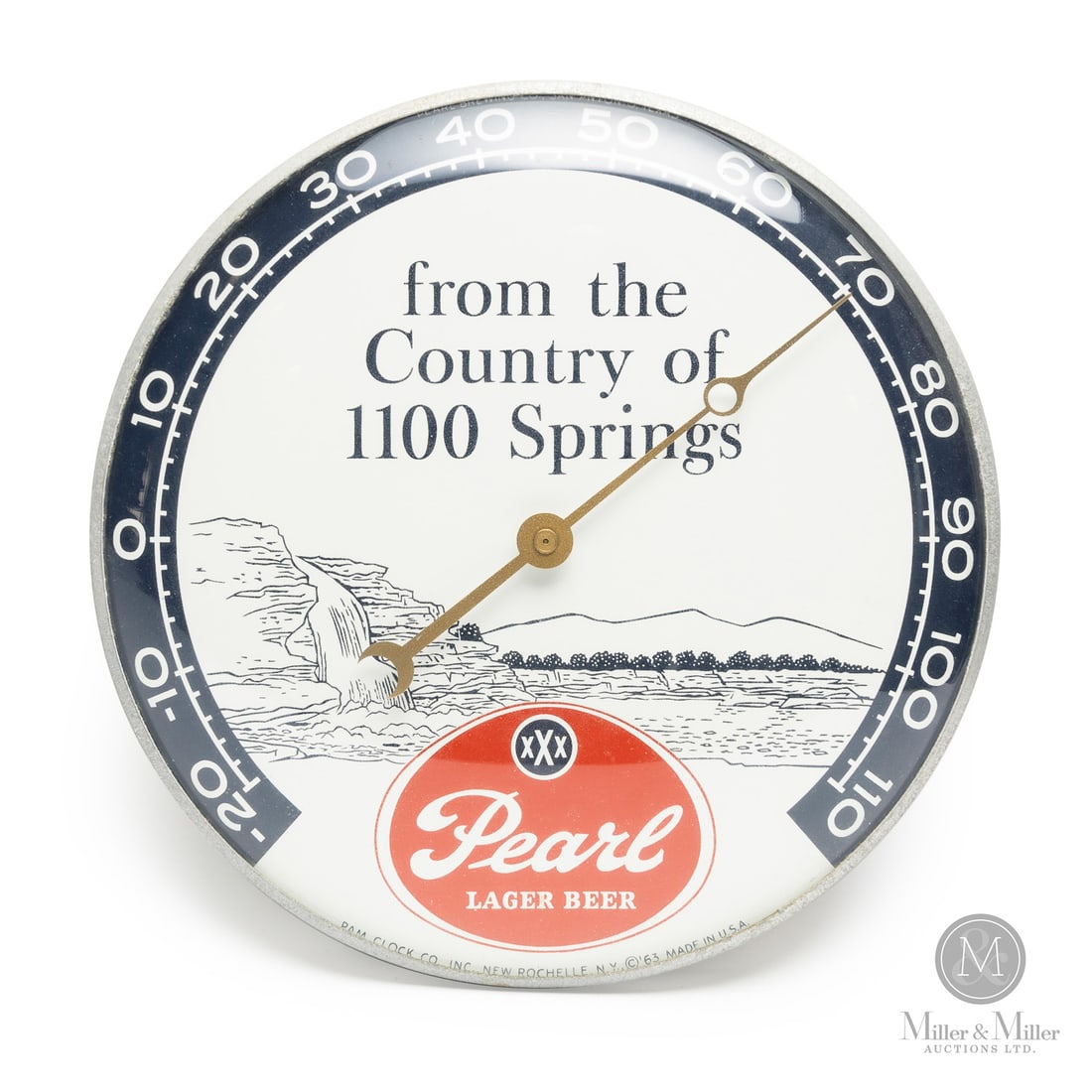 Pearl Lager Beer Thermometer: American. 1963. Lithographed tin dial thermometer. Original glass crystal. Aluminum frame. Dial marked, "Pearl Brewing co San Antonio, Texas" and "Pam clock co inc. New Rochelle NY ©63", upper