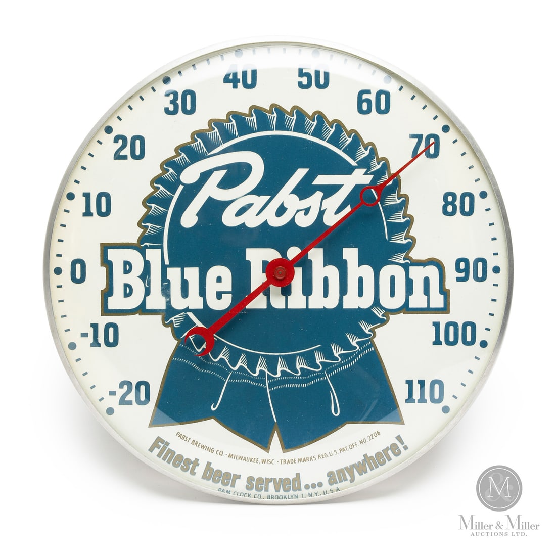 Pabst Blue Ribbon Beer Thermometer: American. 1960s. Lithographed tin dial thermometer. Original glass crystal. Aluminum frame. Dial marked, "Pam clock co inc. Brooklyn 1 NY, USA", lower edge. All items are guaranteed authentic by