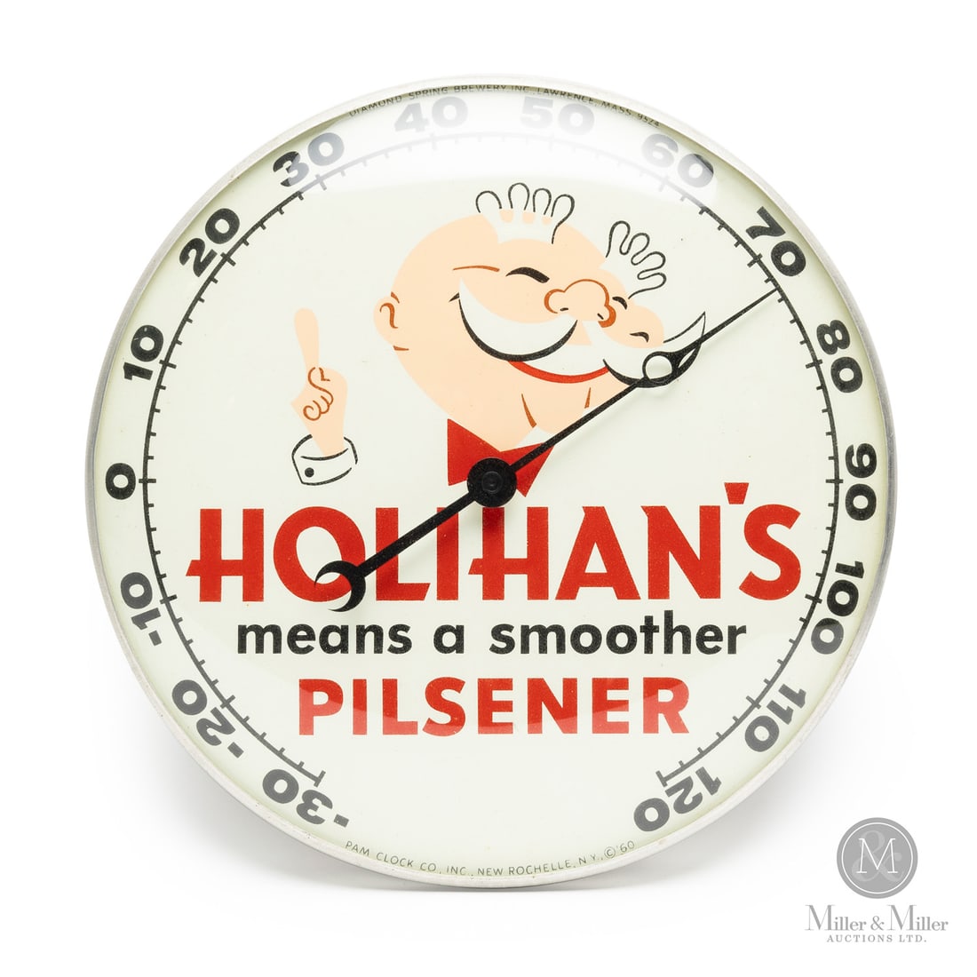 Holihan's Pilsner Beer Thermometer: American. 1960s. Lithographed tin dial thermometer. Original glass crystal. Aluminum frame. Dial marked, "Pam clock co inc. New Rochelle NY ©60", lower edge. All items are guaranteed authentic