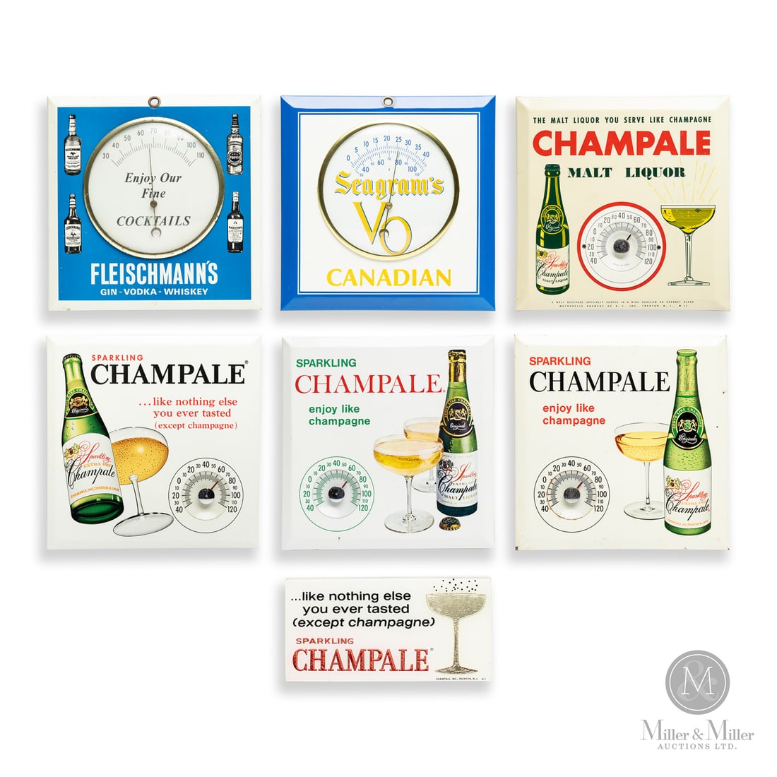 Shampale, Fleischmann's and Seagram's Whiskey and Champagne TOC Thermometers: American and Canadian. 1960s. Tin over cardboard (TOC). Each marked, on front or reverse of lower edge. All items are guaranteed authentic by Miller & Miller Auctions.Size8.5" x 8.5" x 0.25" and 4" x