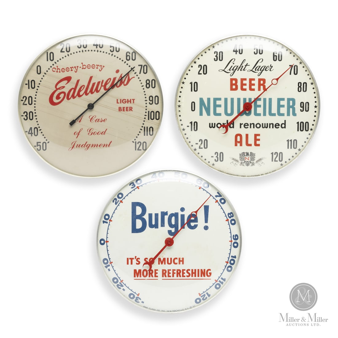 Neuweiler, Edelweiss and Burgie! Beer PAM Clock Co. Advertising Thermometers: American. 1950s. Lithographed tin dials. Original glass crystals. Aluminum cases. Burgie marked, "PAM Clock Co., Inc., New Rochelle, N.Y., © 57", at lower center edge. Neuweiler marked, "Louis F