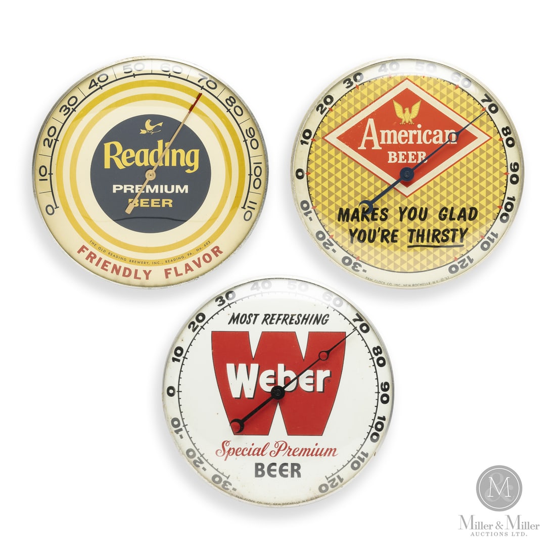 Reading, American, and Weber Beer Thermometers: American. 1950s. Lithographed tin dial thermometer. Original glass crystal. Aluminum frame. American Beer marked, "Pam clock co inc. New Rochelle NY © 57", lower edge. Weber marked, "Pam clock co