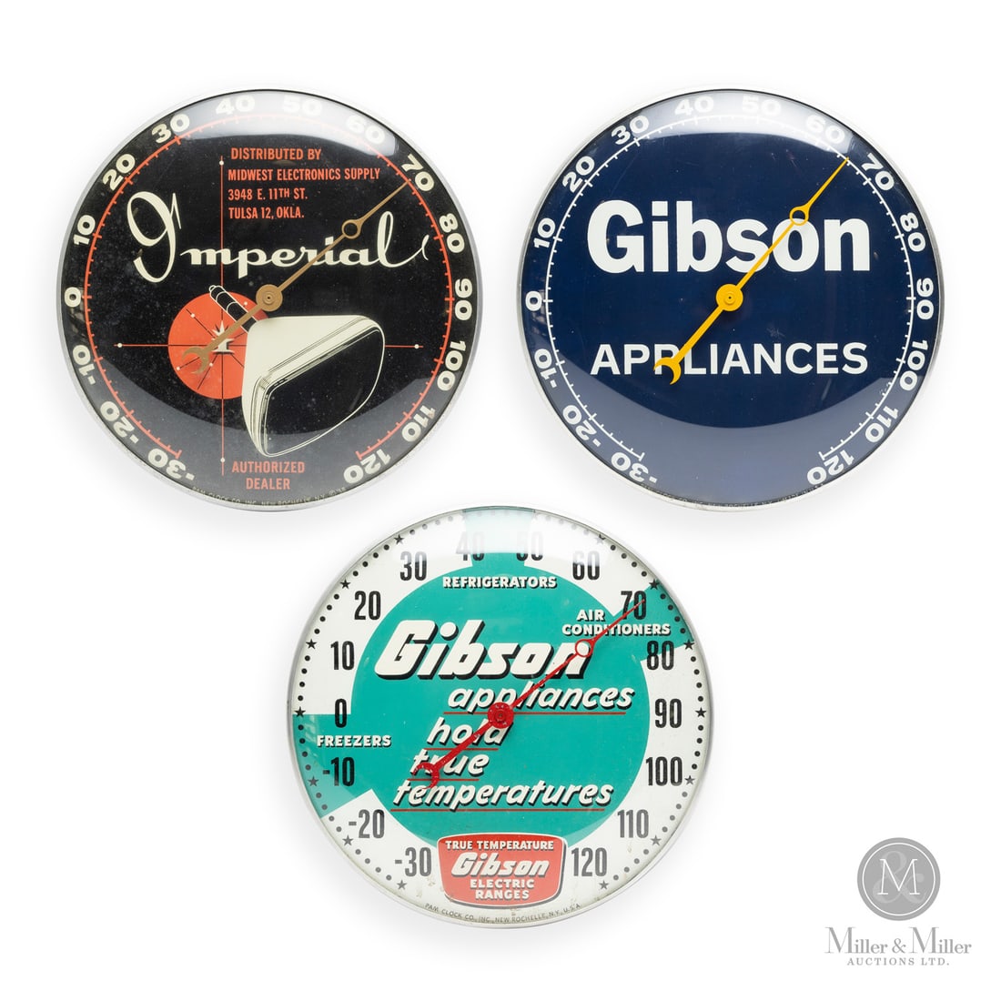 Gibson Appliances and Imperial Electronics Thermometers: American. 1960s. Reverse painted glass. Aluminum body. Dials marked, "Pam clock co inc. New Rochelle NY Made in USA", lower edge. All items are guaranteed authentic by Miller & Miller