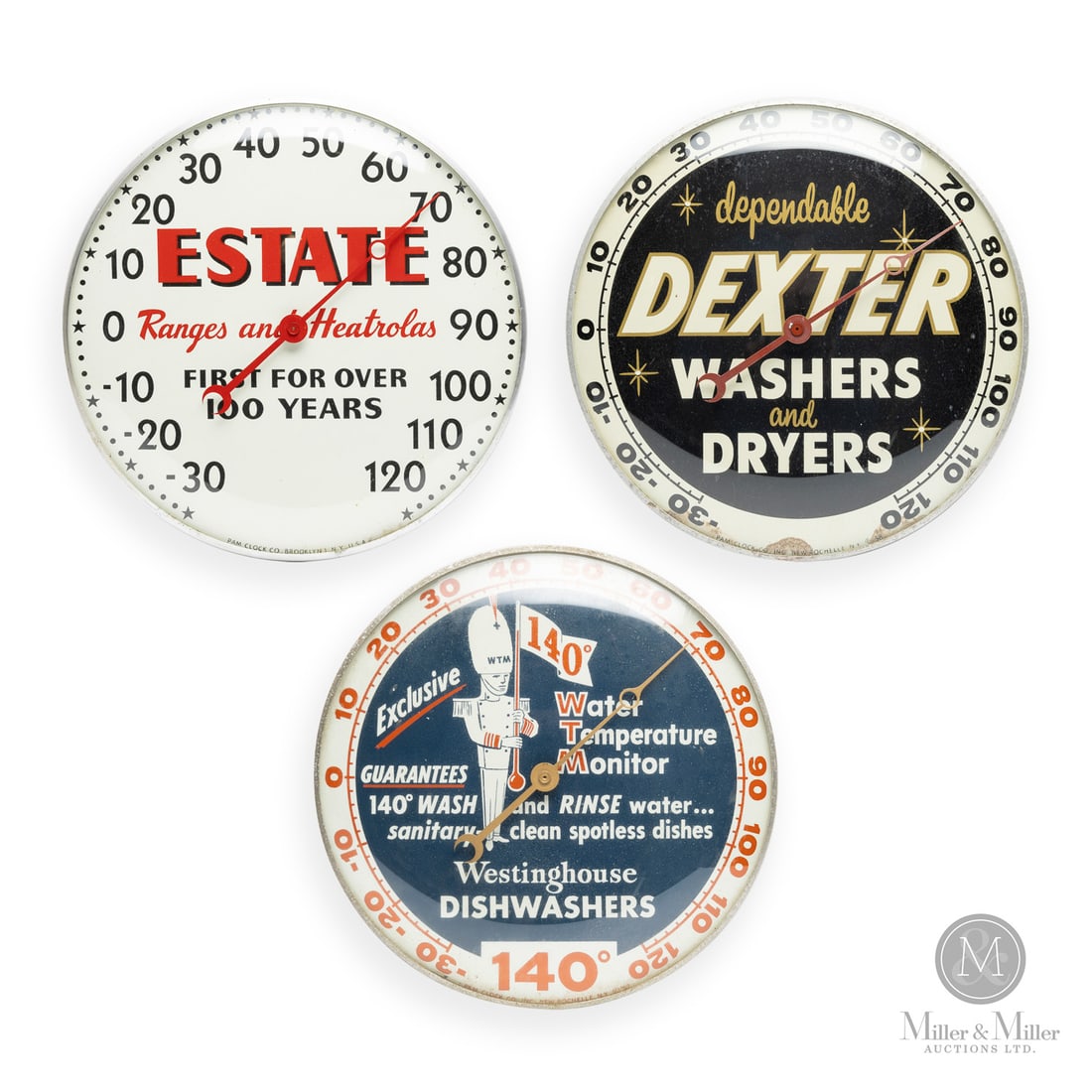 Westinghouse, Dexter and Estate Appliances Thermometers: American. 1950s. Reverse painted glass. Aluminum body. Dexter dial marked, "Pam clock co inc. New Rochelle NY ©58", lower edge. Westinghouse dial marked, "Pam clock co inc. New Rochelle NY