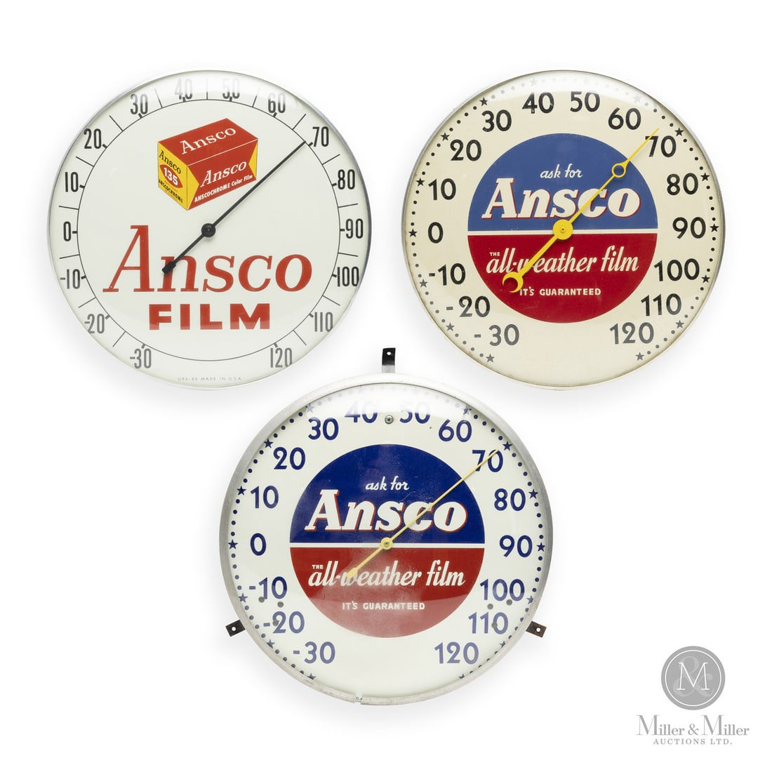 Ansco Camera Film Thermometers: American. 1950s. Lithographed tin dial thermometer. Original glass crystal. Aluminum frame. Ansco marked, "U94-88 Made in USA", lower edge. All items are guaranteed authentic by Miller & Miller