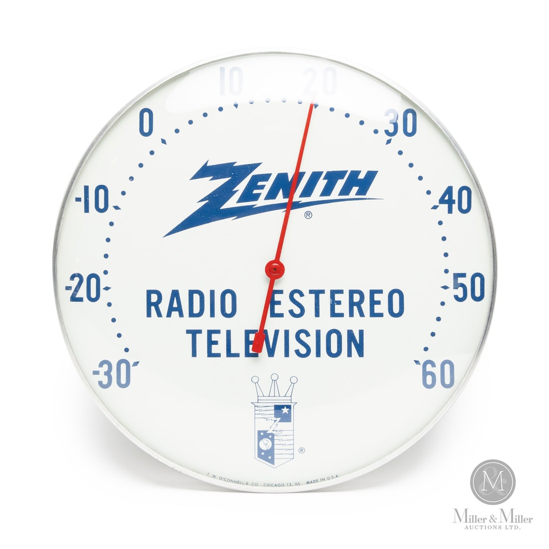 Zenith Radio & Television Thermometer: American. 1950s. Lithographed tin thermometer. Original glass crystal. Aluminum frame. Marked, “T.W O’Connell & Co. Chicago 13, Ill Made in USA”, lower edge. All items are