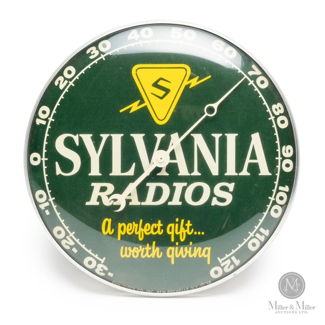 Sylvania Radios "A Perfect Gift...Worth Giving" Thermometer: American. 1958. Lithographed tin dial thermometer. Original glass crystal. Aluminum frame. Dial marked, "Pam clock co inc. New Rochelle NY ©58 N-120 Made in USA", lower edge. All items are