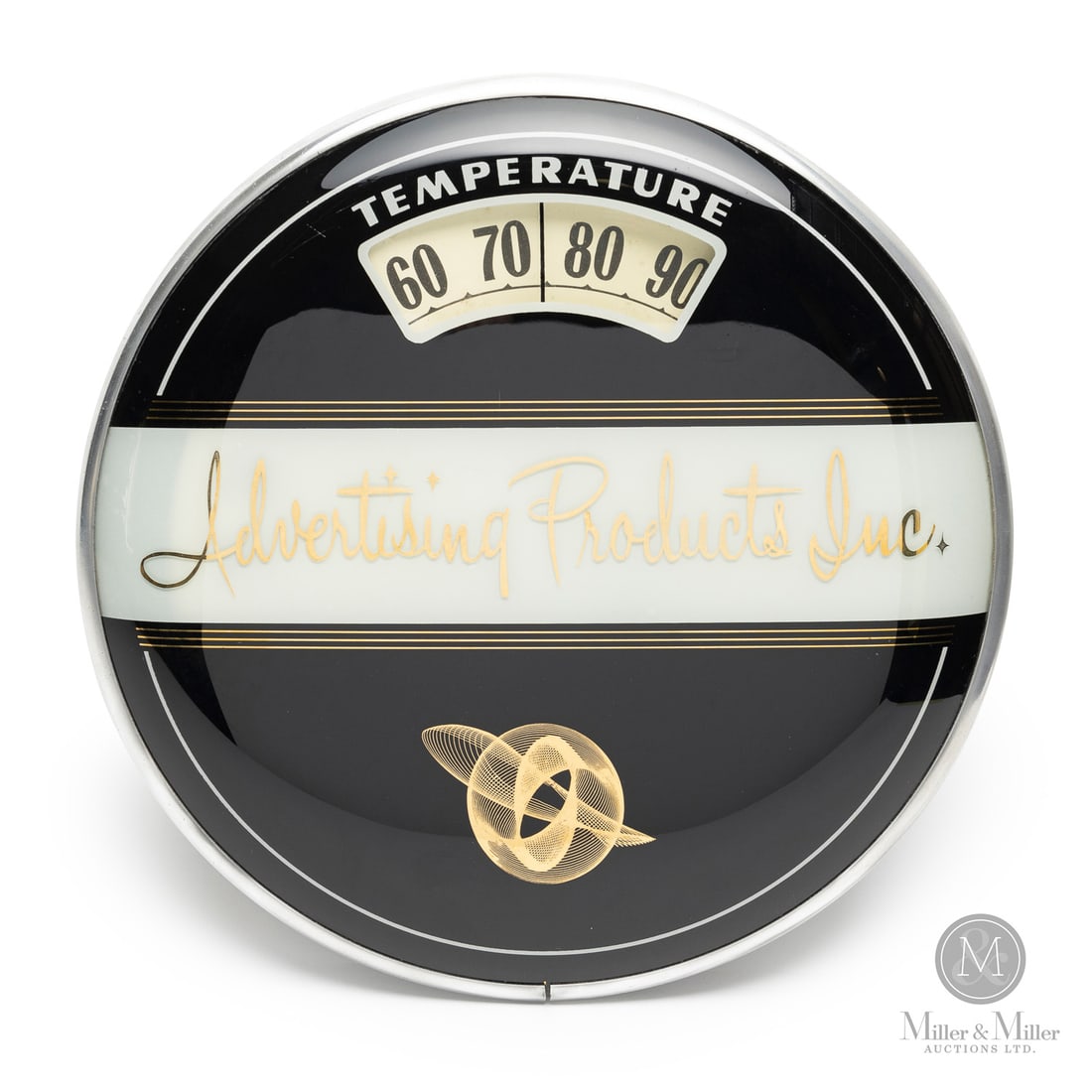 Salesman Sample Advertising Products Inc. Scale Advertising Thermometer: American. 1943-1962. Reverse painted glass. Aluminum case. Plastic caseback. This would have been a "salesman sample" advertising the manufacturer of the "bathroom scale" thermometers. This piece was