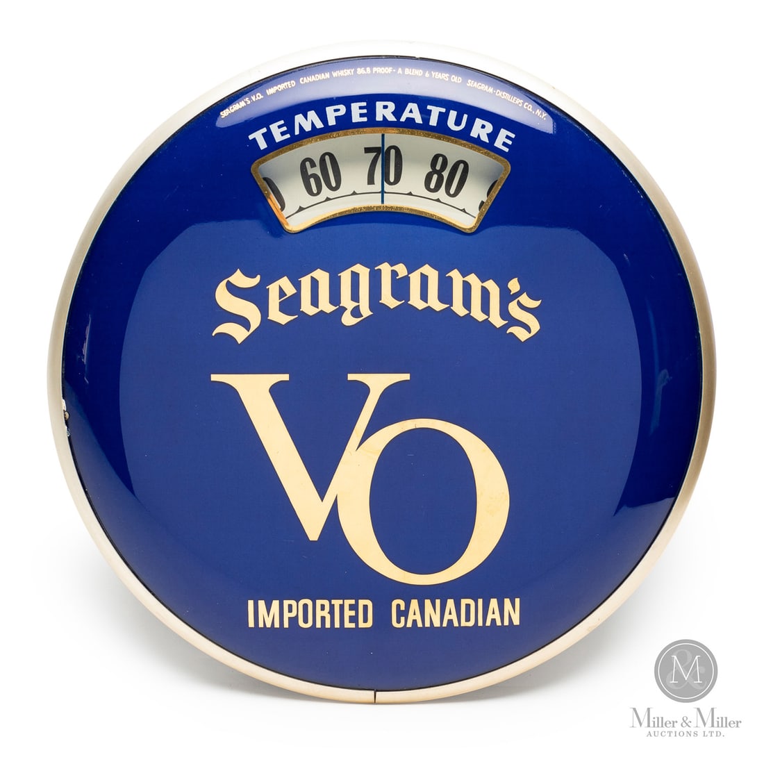Seagram's VO Whiskey "Bathroom Scale" Thermometer: U.S.A. 1950s. Reverse painted glass. Aluminum case. Plastic caseback. The "bathroom scale" thermometer got its name from collectors who noted the internal mechanism and the visual layout resemble a