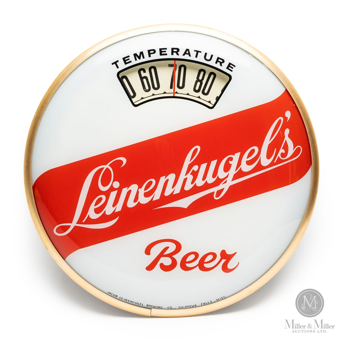 Leinenkugel's Beer "Bathroom Scale" Thermometer: U.S.A. 1950s. Reverse painted glass. Aluminum case. Plastic caseback. The "bathroom scale" thermometer got its name from collectors who noted the internal mechanism and the visual layout resemble a