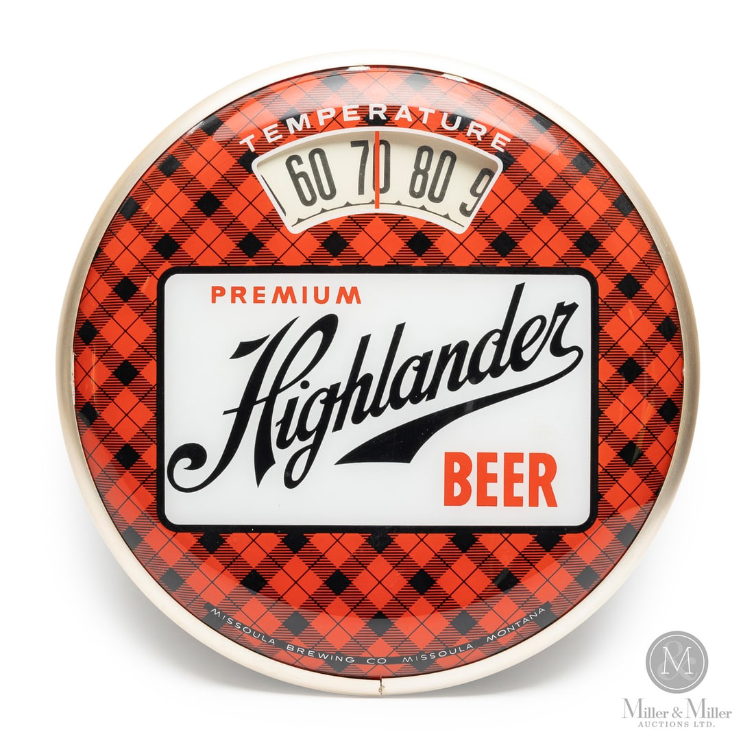 Premium Highlander Beer "Bathroom Scale" Thermometer: U.S.A. 1943-1962. Reverse painted glass. Aluminum case. Plastic caseback. This would have been a "salesman sample" advertising the manufacturer of the "bathroom scale" thermometers. This piece was