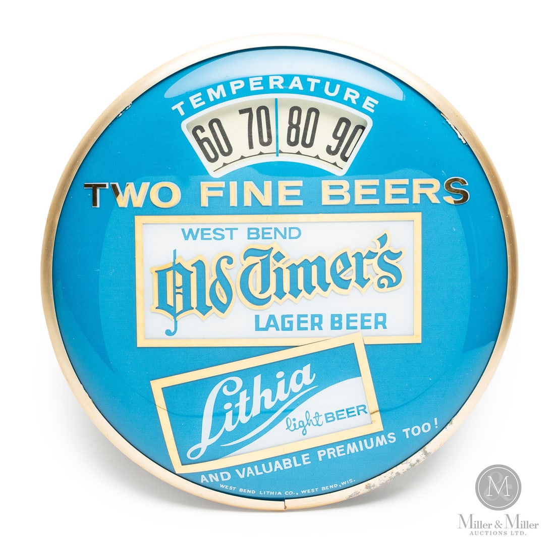 West Bend Old Timer's & Lithia Beers "Bathroom Scale" Thermometer: U.S.A. 1950s. Reverse painted glass. Aluminum case. Plastic caseback. The "bathroom scale" thermometer got its name from collectors who noted the internal mechanism and the visual layout resemble a