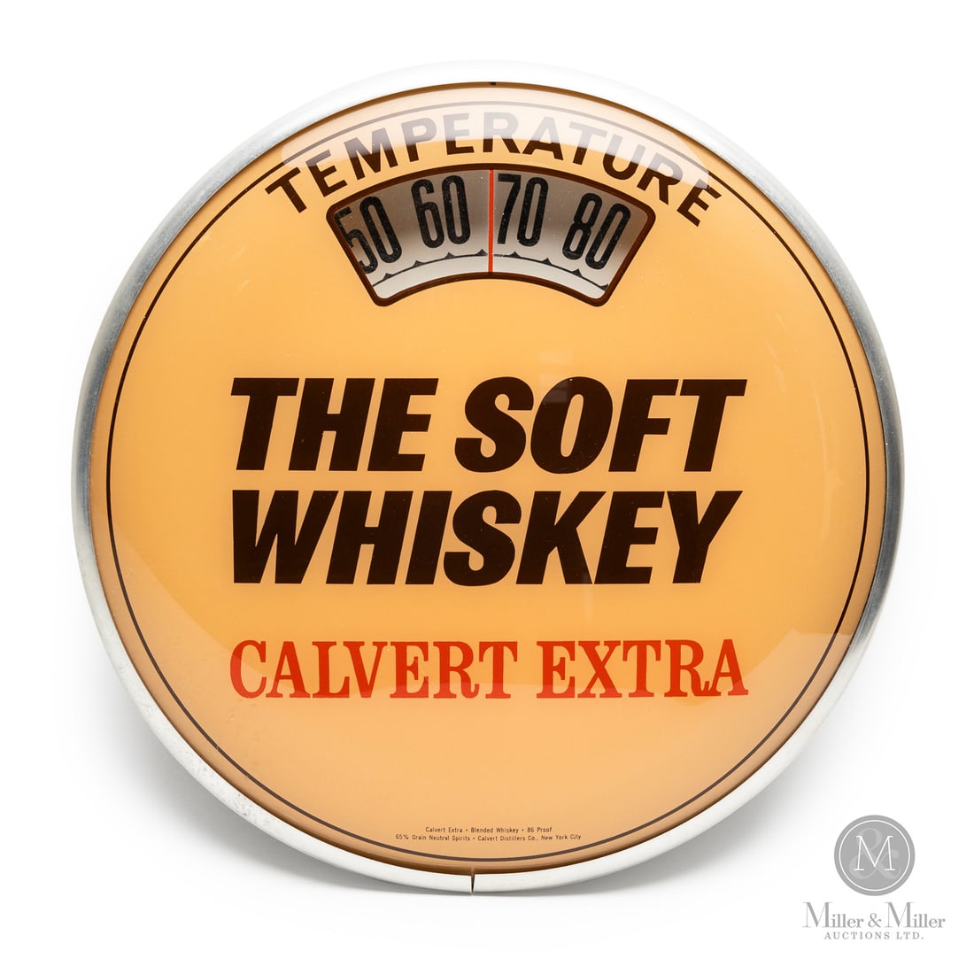 Calvert Extra Whiskey "Bathroom Scale" Thermometer: U.S.A. 1950s. Reverse painted glass. Aluminum case. The "bathroom scale" thermometer got its name from collectors who noted the internal mechanism and the visual layout resemble a classic bathroom