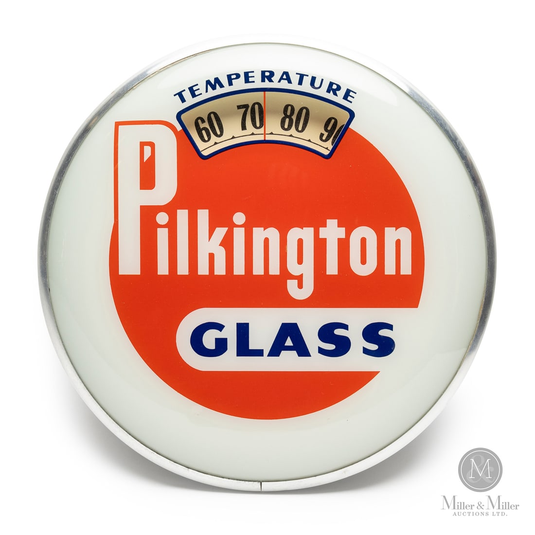 Pilkington Glass Advertising Products Inc. Scale Advertising Thermometer: U.S.A. 1955-1959. Reverse painted glass. Aluminum case. Plastic caseback. The "bathroom scale" thermometer got its name from collectors who noted the internal mechanism and the visual layout resemble