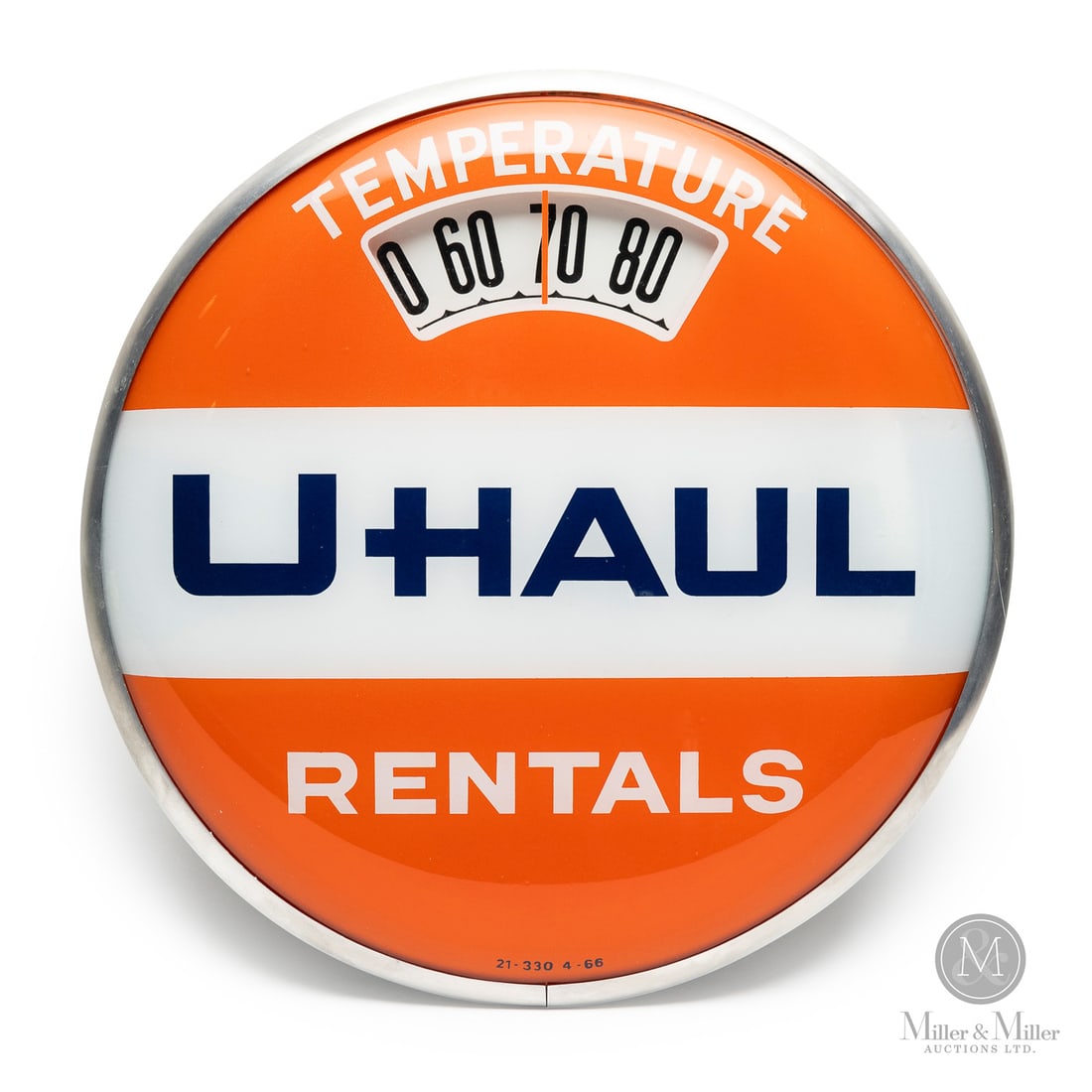 U-Haul Rentals "Bathroom Scale" Thermometer: U.S.A. 1950s. Reverse painted glass. Aluminum case. Plastic caseback. The "bathroom scale" thermometer got its name from collectors who noted the internal mechanism and the visual layout resemble a