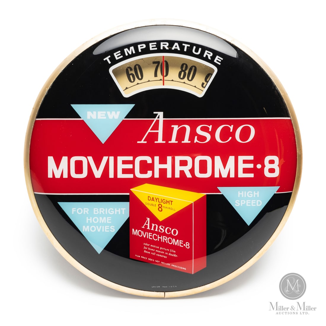 Ansco Moviechrome-8 Motion Picture Film "Bathroom Scale" Thermometer: U.S.A. 1950s. Reverse painted glass. Aluminum case. Plastic caseback. The "bathroom scale" thermometer got its name from collectors who noted the internal mechanism and the visual layout resemble a