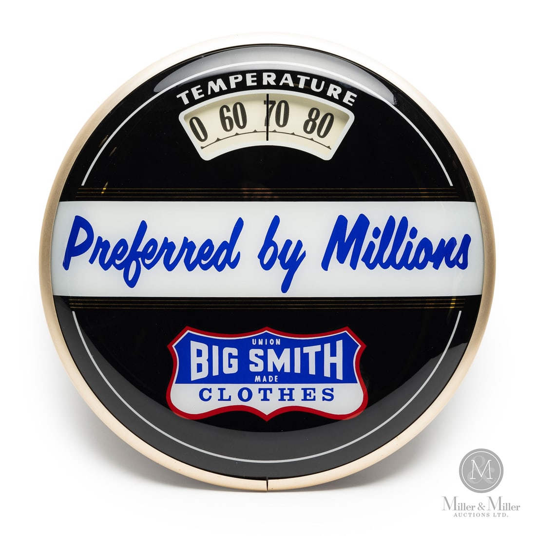 Big Smith Clothes "Bathroom Scale" Thermometer: U.S.A. 1950s. Reverse painted glass. Aluminum case. Plastic caseback. The "bathroom scale" thermometer got its name from collectors who noted the internal mechanism and the visual layout resemble a