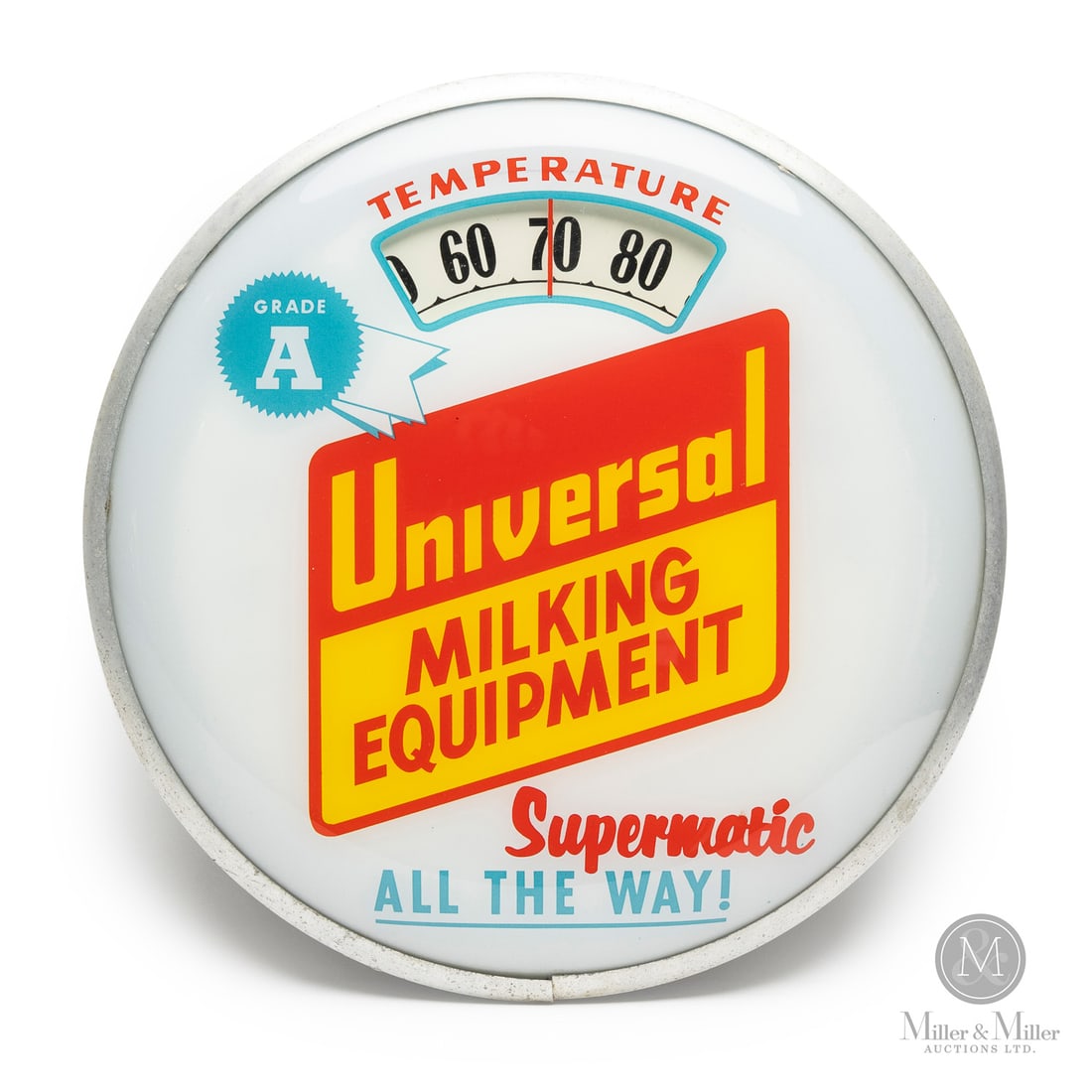 Universal Milking Equipment Advertising Products Inc. Scale Advertising Thermometer: U.S.A. 1943-1962. Reverse painted glass. Aluminum case. Plastic caseback. The "bathroom scale" thermometer got its name from collectors who noted the internal mechanism and the visual layout resemble