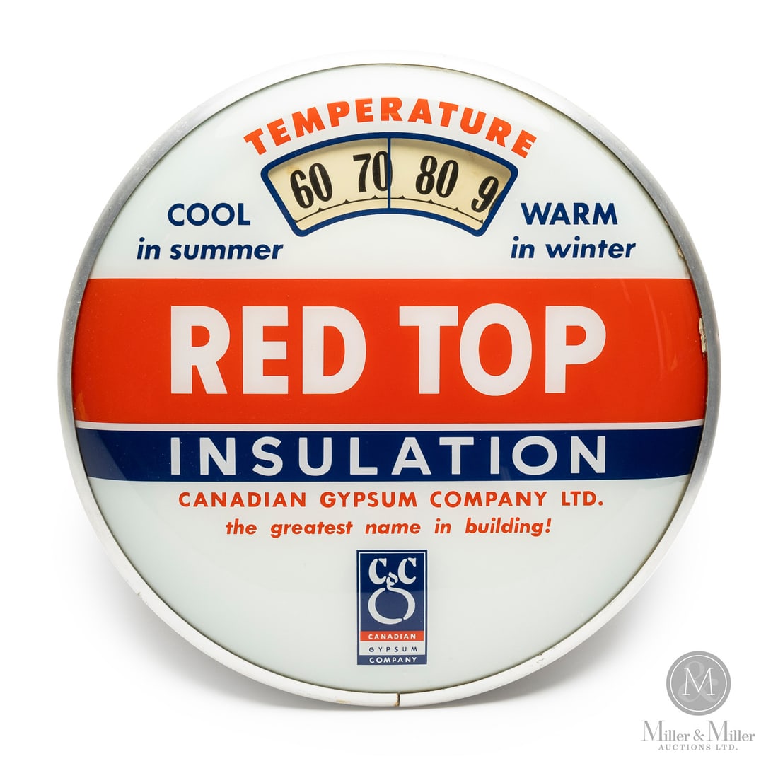 Canadian Gypsum Co. Red Top Insulation "Bathroom Scale" Thermometer: U.S.A. 1950s. Reverse painted glass. Aluminum case. Plastic caseback. The "bathroom scale" thermometer got its name from collectors who noted the internal mechanism and the visual layout resemble a