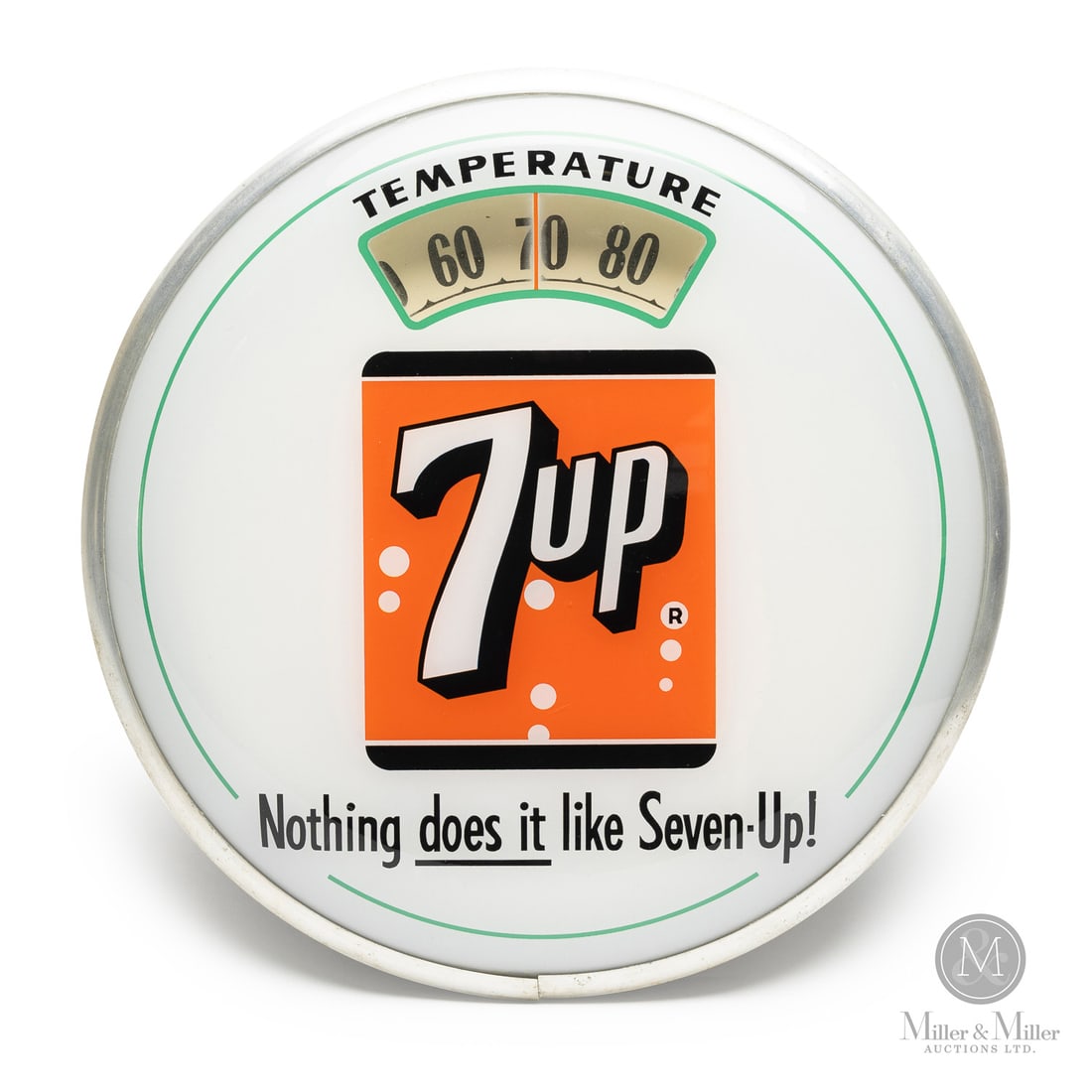 7-Up "Bathroom Scale" Thermometer: U.S.A. 1955-1959. Reverse painted glass. Aluminum case. Plastic caseback. Nothing does it like Seven-Up! This slogan was used from 1955-1959. It followed the "Fresh Up With 7UP" era and was designed