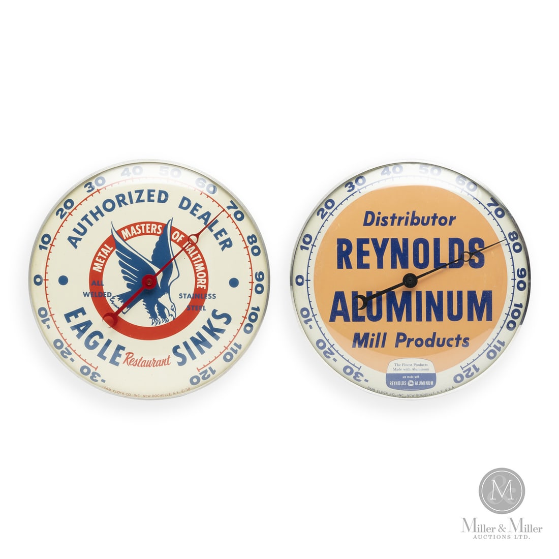 Reynolds Aluminum and Eagle Restaurant Sinks Thermometers: American. 1950s. Lithographed tin dial thermometer. Original glass crystal. Aluminum frame. Dial marked, "Pam clock co inc. New Rochelle NY USA", lower edge. Eagle Sinks marked, "Pam clock co inc. New