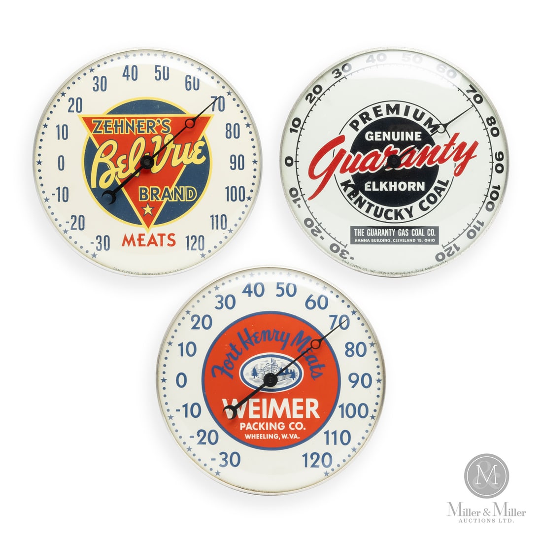 Zehner's Bel Vue Brand Meats, Weimer Fort Henry Meats and Guaranty Kentucky Coal Thermometers: American. 1950s. Reverse painted glass. Aluminum body. Dial marked, "Pam clock co inc. New Rochelle NY USA ©62", lower edge. All items are guaranteed authentic by Miller & Miller Auctions. Size 1