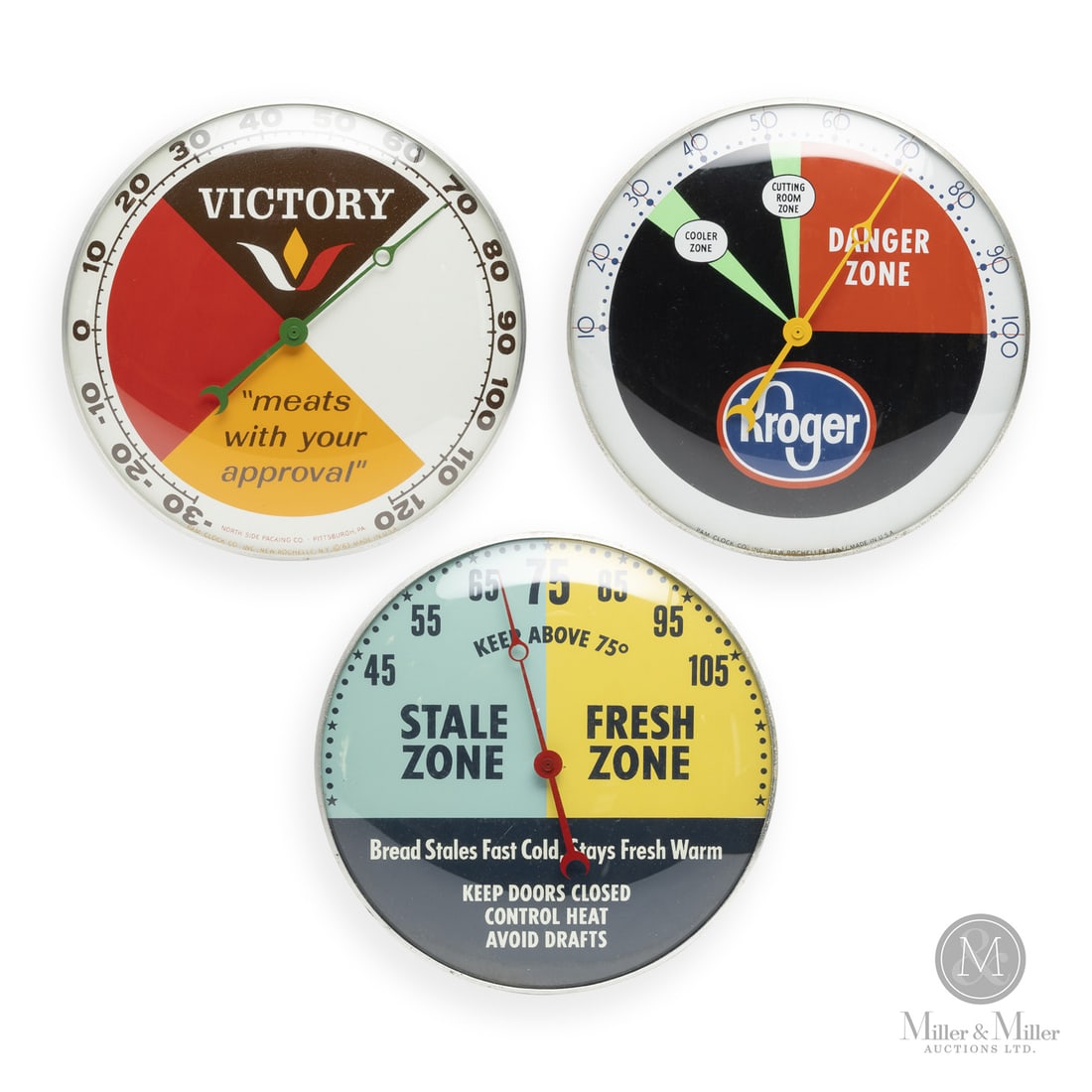 Kroger and Victory Meats Thermometers: American. 1960s. Reverse painted glass. Aluminum body. Two dials marked, "Pam clock co inc. New Rochelle NY Made in USA", lower edge. All items are guaranteed authentic by Miller & Miller Auctions. Si