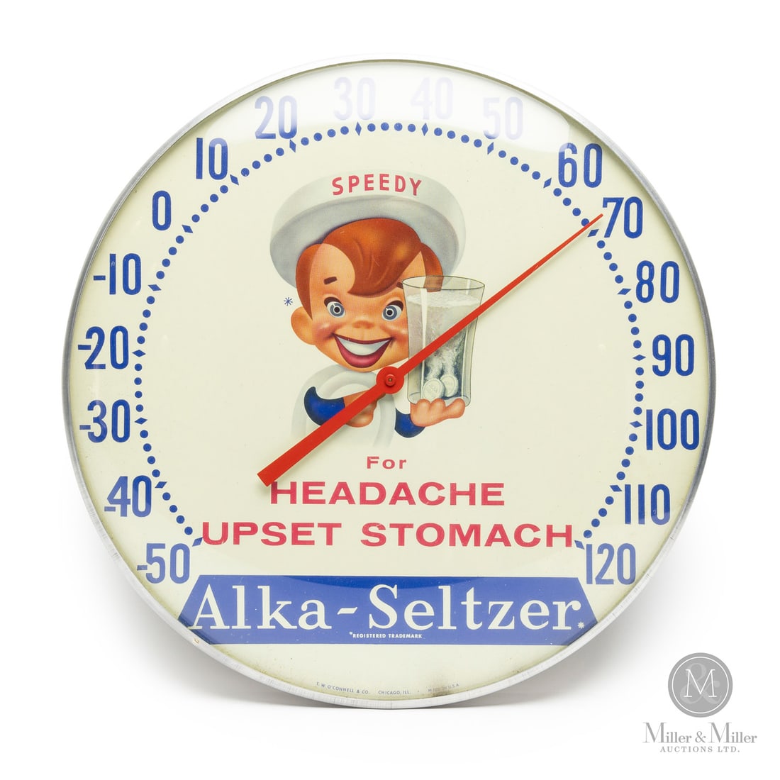 Alka-Seltzer "For Headache or Upset Stomach" Thermometer: American. 1960s. Lithographed tin dial thermometer. Original glass crystal. Aluminum frame. Dial marked, “T.W O’Connell & Co. Chicago, Ill Made in USA”, lower edge. All items are gua