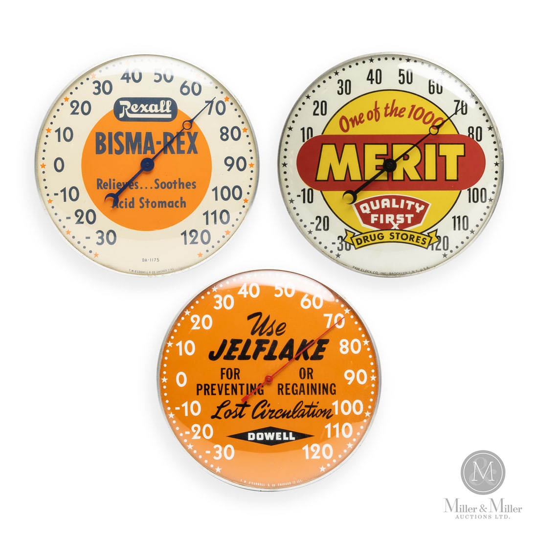 Dowell, Rexall and Merit Pharmaceuticals Thermometers: American. 1960s. Reverse painted glass. Aluminum body. Merit dial marked, "Pam clock co inc. Brooklyn 1 NY USA", lower edge. Dowell dial marked, "T.W O'Connell & co. Chicago 13, Ill." Rexall dial mark