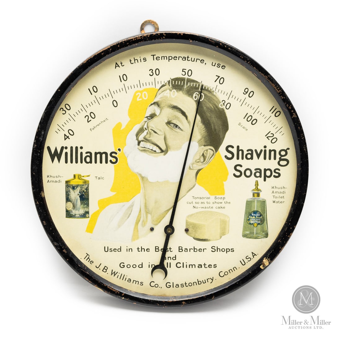 Williams' Shaving Soaps Thermometer: American. 1950s. Lithographed paper. Metal body. Marked, "The J.B. Williams Co. Glastonbury Conn. USA", lower edge of dial. Labelled, on reverse. All items are guaranteed authentic by Miller & Miller