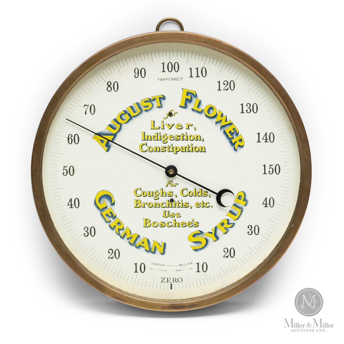 August Flower German Syrup "Quack Medicine" Thermometer: American. 1930s. Lithographed tin with glass. Brass body. All items are guaranteed authentic by Miller & Miller Auctions. Size 9.25" Dia. x 2". Condition Excellent condition. Complete. Dial shows exce