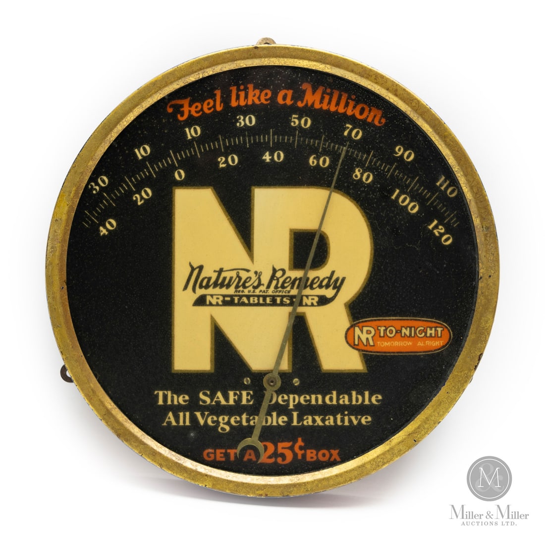 Nature's Remedy Laxative Thermometer: American. 1940s. Lithographed paper. Metal body. All items are guaranteed authentic by Miller & Miller Auctions.Size9.25" Dia. x 1.5".ConditionVery good condition. Complete. Dial shows excellent
