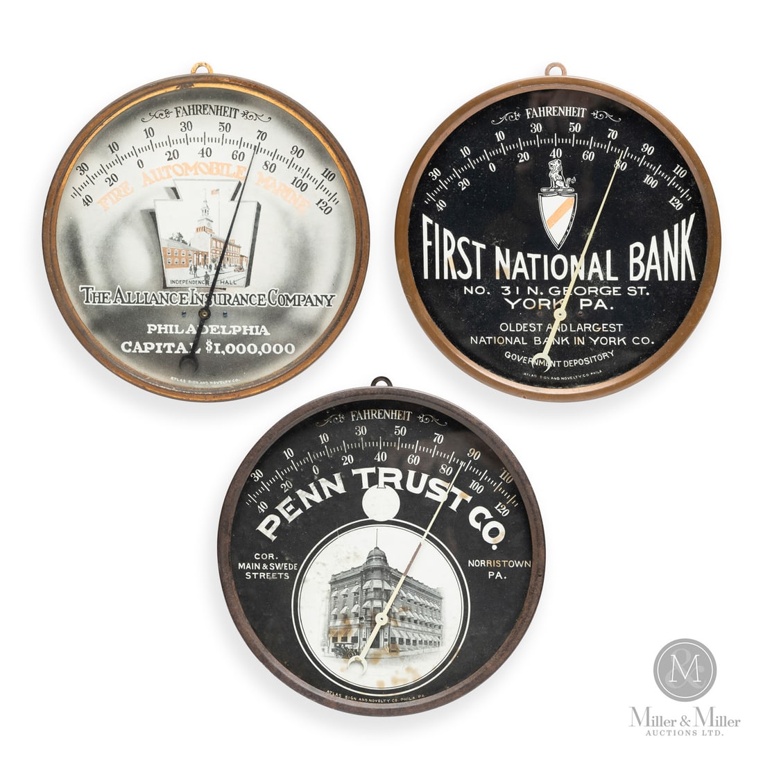 First National Bank, Alliance, and Penn Trust Insurance Thermometers: American. 1950s. Lithographed tin with glass. Metal body. Dials by Atlas Sign and Novelty Co., Thermometers by Standard Thermometer Co. All items are guaranteed authentic by Miller & Miller Auctions.