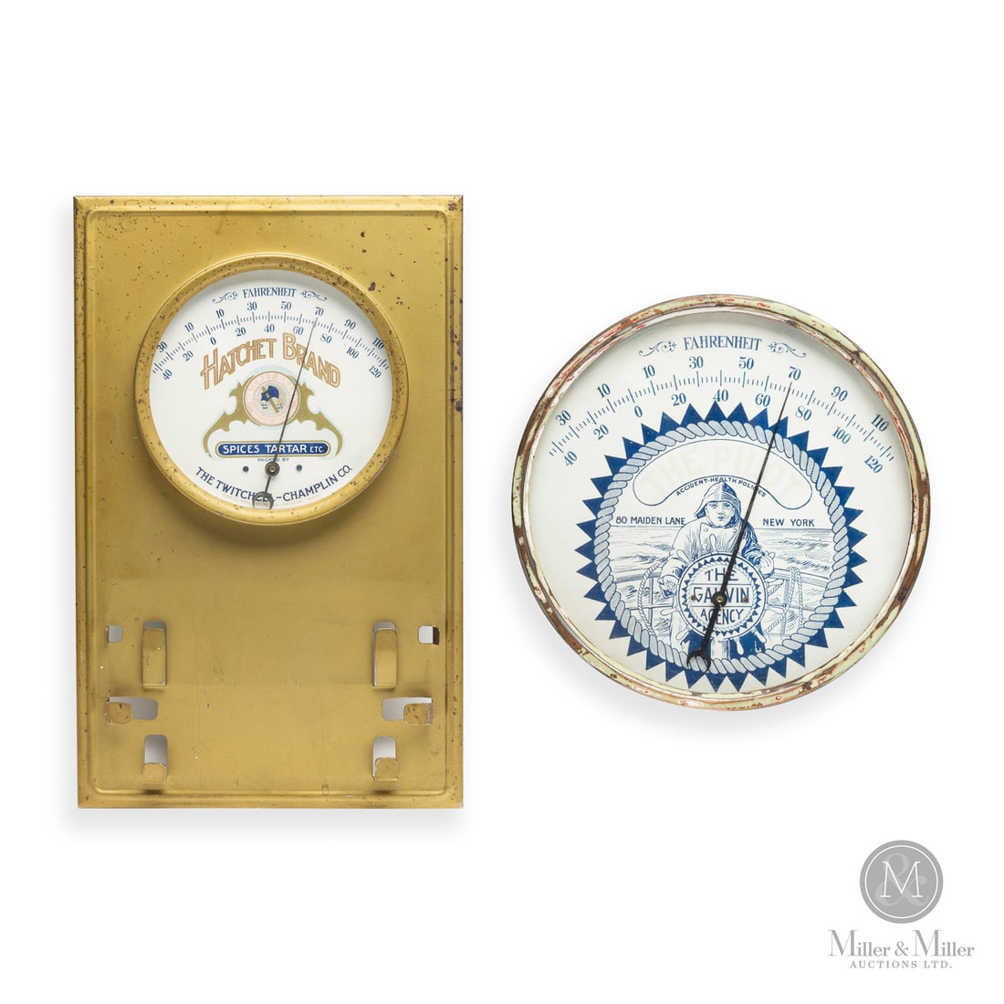 Hatchet Brand Spices and The Pilot Insurance Advertising Thermometers: American. 1900s. Glass with metal case. Hatchet embossed, "Standard Thermometer Co. Boston Mass.", on reverse. Embossed, "Standard Thermometer Inc.", on merchant's tag. Hatchet marked, "The