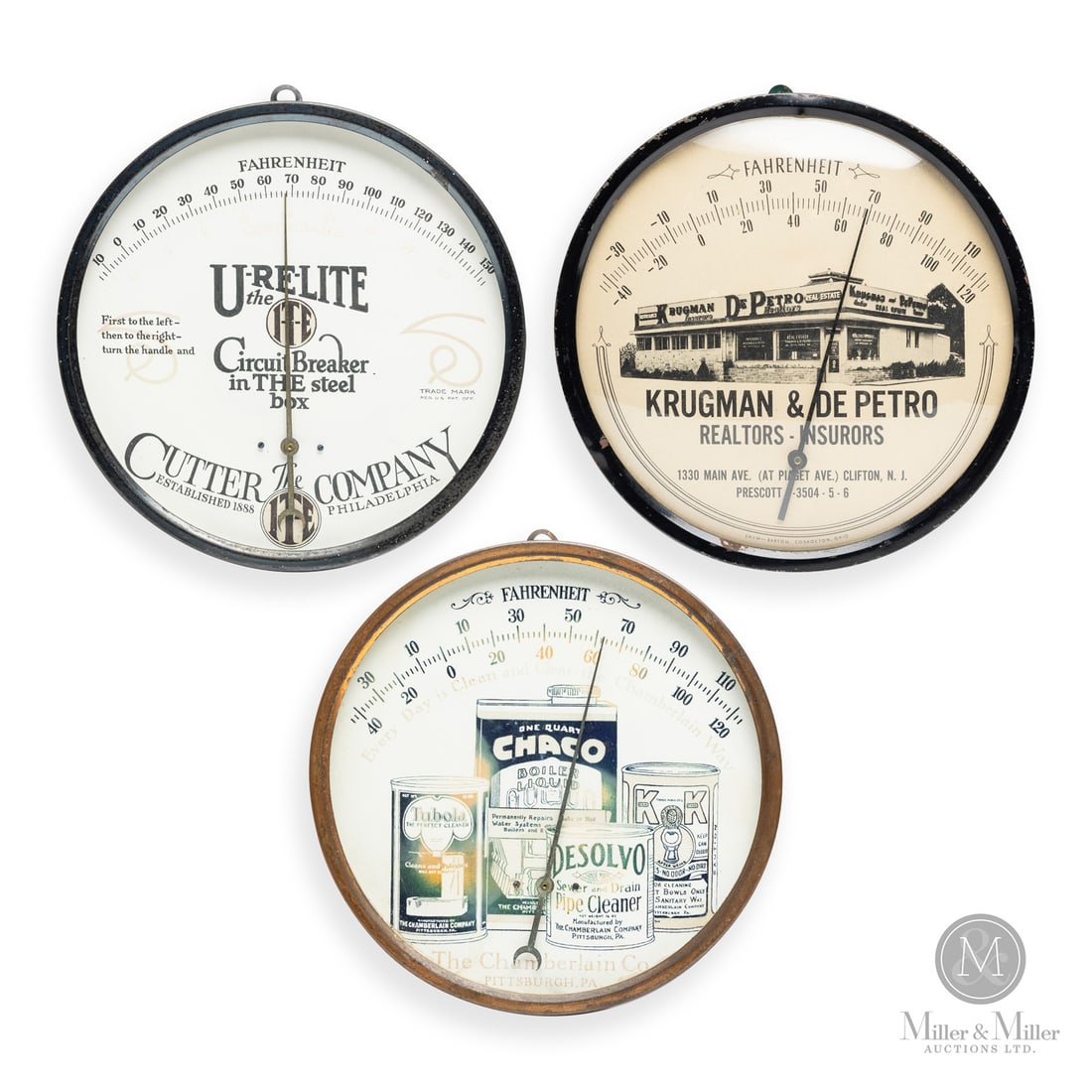 Chamberlain Chemicals, U-Re-Lite, and Krugman & De Petro Realtors Insurors Thermometers: American. 1950s. Lithographed tin with glass. Metal body. Krugman Thermometer marked, "Shaw-Barton". Two thermometers by Standard Thermometer Co. All items are guaranteed authentic by Miller & Miller