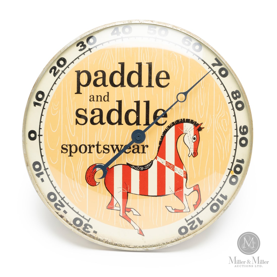 Paddle and Saddle Sportswear Thermometer: American. 1957. Lithographed tin dial thermometer. Original glass crystal. Aluminum frame. Dial marked, "Pam clock co inc. New Rochelle NY ©57", lower edge. All items are guaranteed authentic by