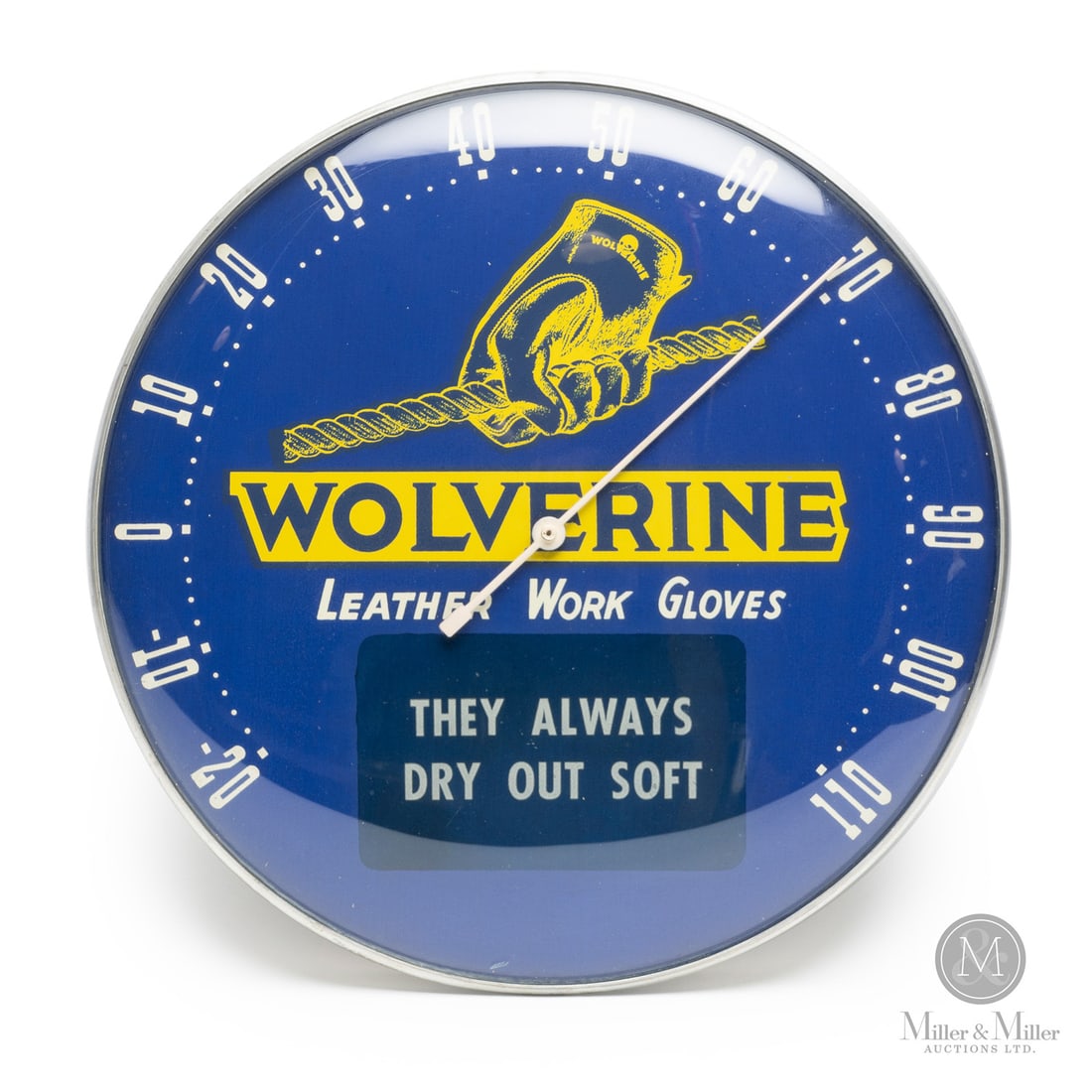 Wolverine Leather Work Gloves Thermometer: American. 1960s. Lithographed tin dial thermometer. Original glass crystal. Aluminum frame. All items are guaranteed authentic by Miller & Miller Auctions.Size12" Dia. x 1.25".ConditionExcellent