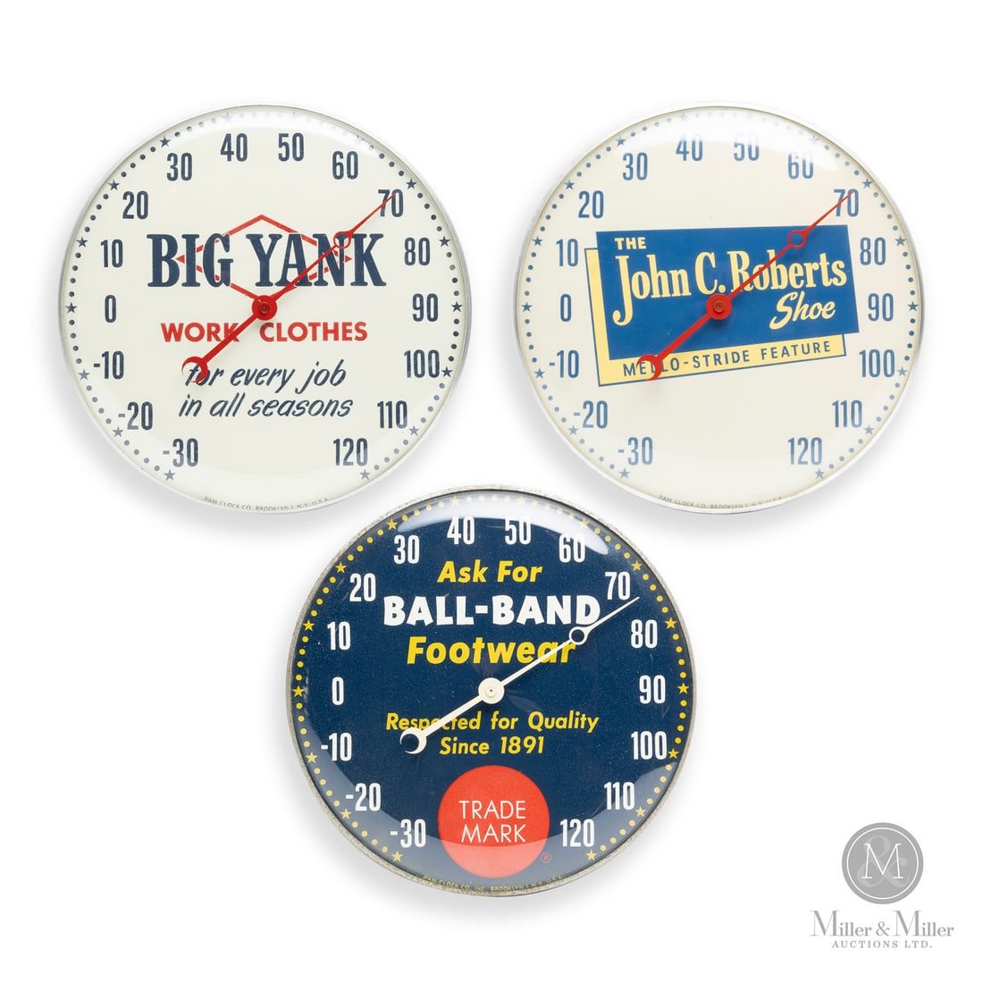 Ball-Band, Big Yank, and John C. Roberts Workwear Thermometers: American. 1960s. Reverse painted glass. Aluminum body. Dials marked, "Pam Clock Co. Brooklyn NY USA", lower edge. All items are guaranteed authentic by Miller & Miller Auctions. Size 12.25" Dia. x 1.5