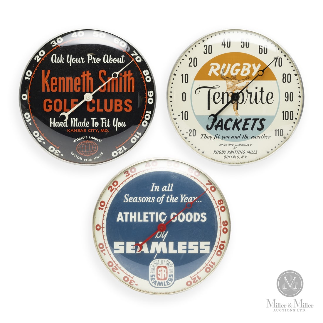 Rugby Temprite Jackets, Seamless Athletic Goods, and Kenneth Smith Golf Clubs Thermometers: American. 1950s and 1960s. Lithographed tin dial thermometer. Original glass crystal. Aluminum frame. Dial marked, "Pam clock co inc. New Rochelle NY USA", lower edge. Kenneth Smith marked, "Pam clock