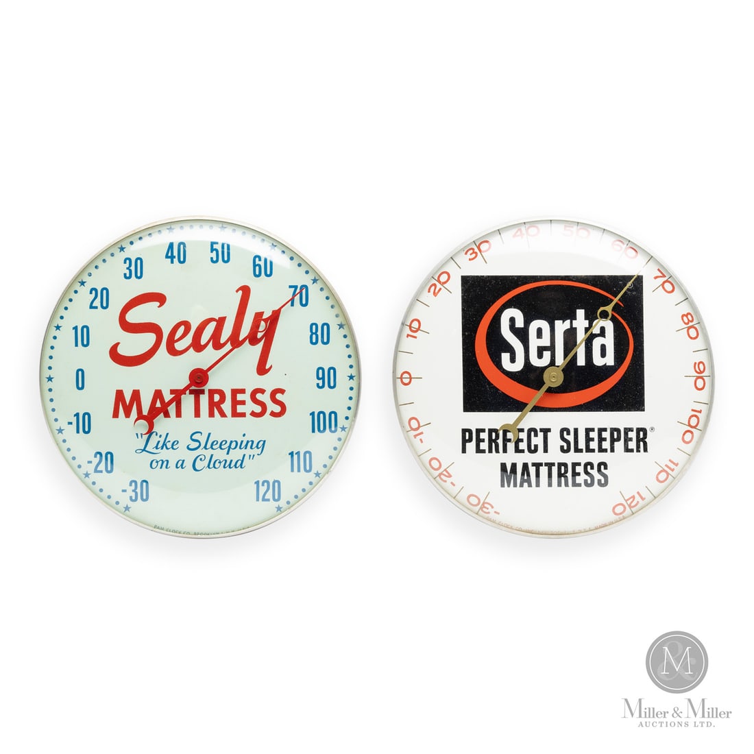 Sealy and Serta Mattresses Thermometers: American. 1960s. Reverse painted glass. Aluminum body. Sealy dial marked, "Pam clock co inc. Brooklyn 1 NY USA", lower edge. Serta dial marked, "Pam clock co inc. New Rochelle NY E Made in USA", lower