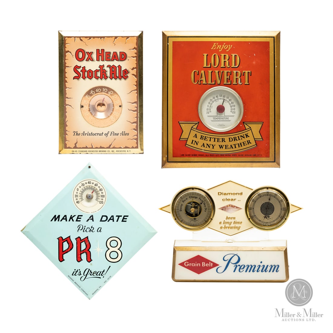 Grain Belt, PR 8, Lord Calvert, and Ox Head Ales and Whiskey Thermometers: American. 1970s. Tin over cardboard and plastic. Each TOC marked, lower edge. Backlit thermometer embossed, on lower edge of back plate. All items are guaranteed authentic by Miller & Miller
