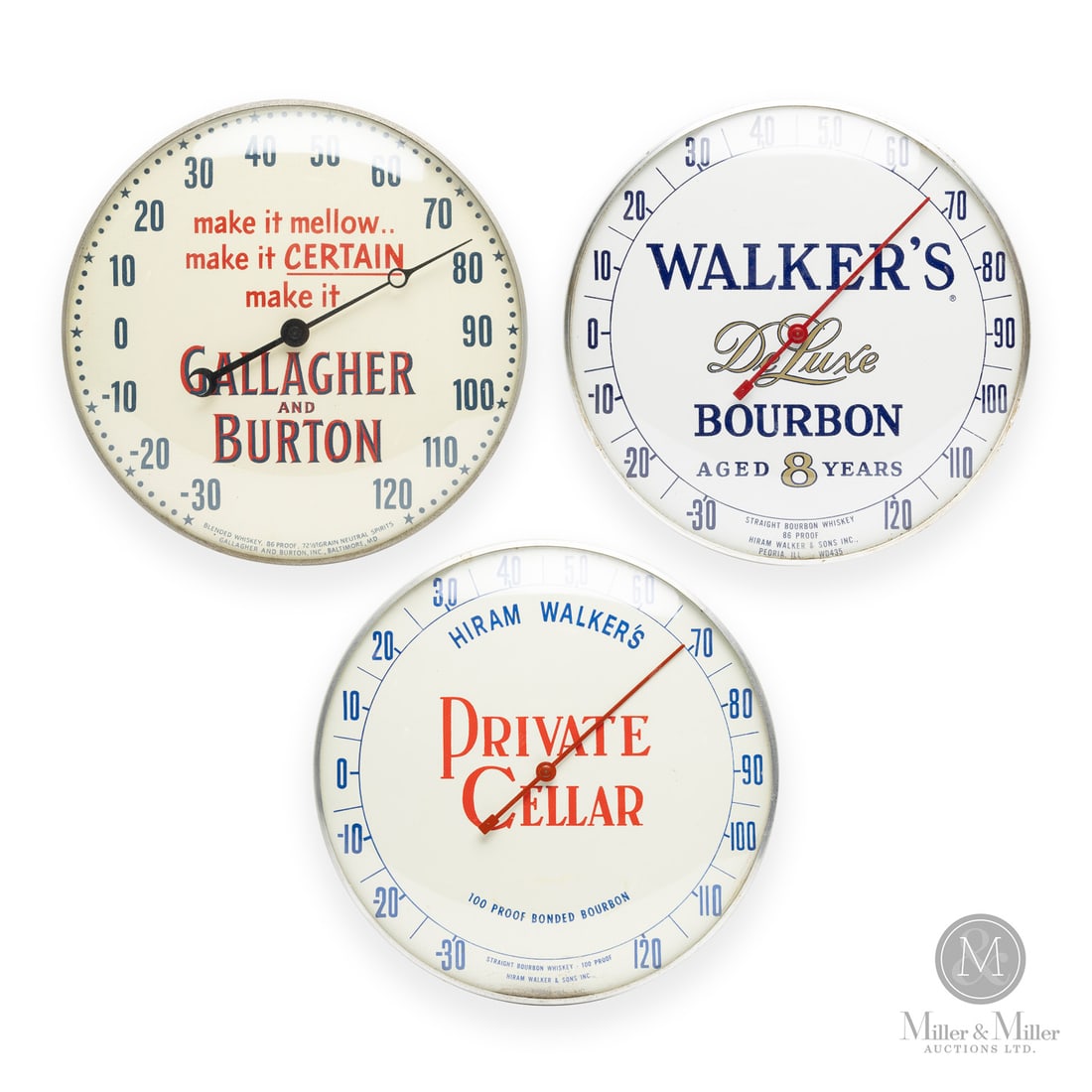 Walker's, Private Cellar and Gallagher and Burton Whiskey Thermometers: American. 1960s. Reverse painted glass. Aluminum body. Walker's dial marked, "Peoria Ill WD435". Private Cellar dial marked, "HIram Walker & Sons Inc Gallagher and Burton Inc Baltimore, MD", lower edg