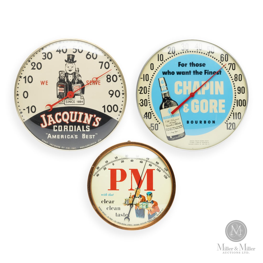 Chapin & Gore Bourbon, Jacquin's Cordials and PM Whiskey Thermometers: American. 1960s. Reverse painted glass. Aluminum body. PM dial marked, "National Distillers Products Corp New York NY". Chapin and Gore marked, "McKesson and Robbins inc. New York NY". Chas Jacquin et