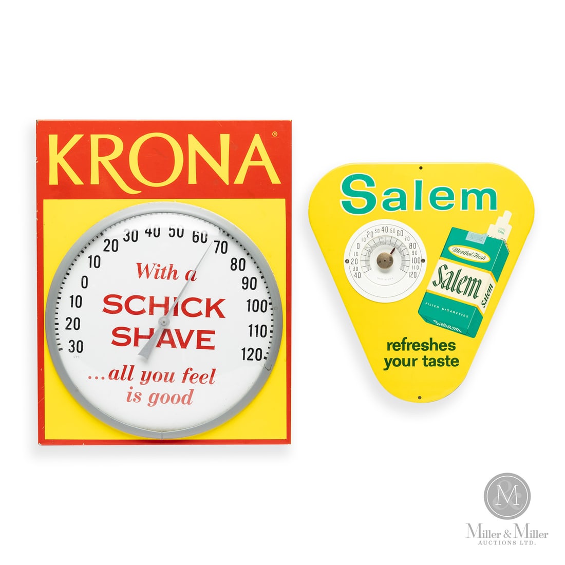 Krona Schick Razors and Salem Cigarettes Thermometers: American. 1950s. Tin over cardboard (TOC). Both marked, lower edge of dial. TOC stamped, "Advertising Winston Salem inc.", on reverse. All items are guaranteed authentic by Miller & Miller